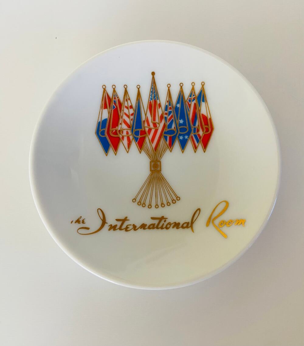 VINTAGE Airport International Room Red & Blue Porcelain 4 in Plate Butter Dish